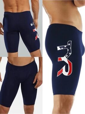 TYR Navy Blue Men's Jammer Swim Trunks with Red & White Logo